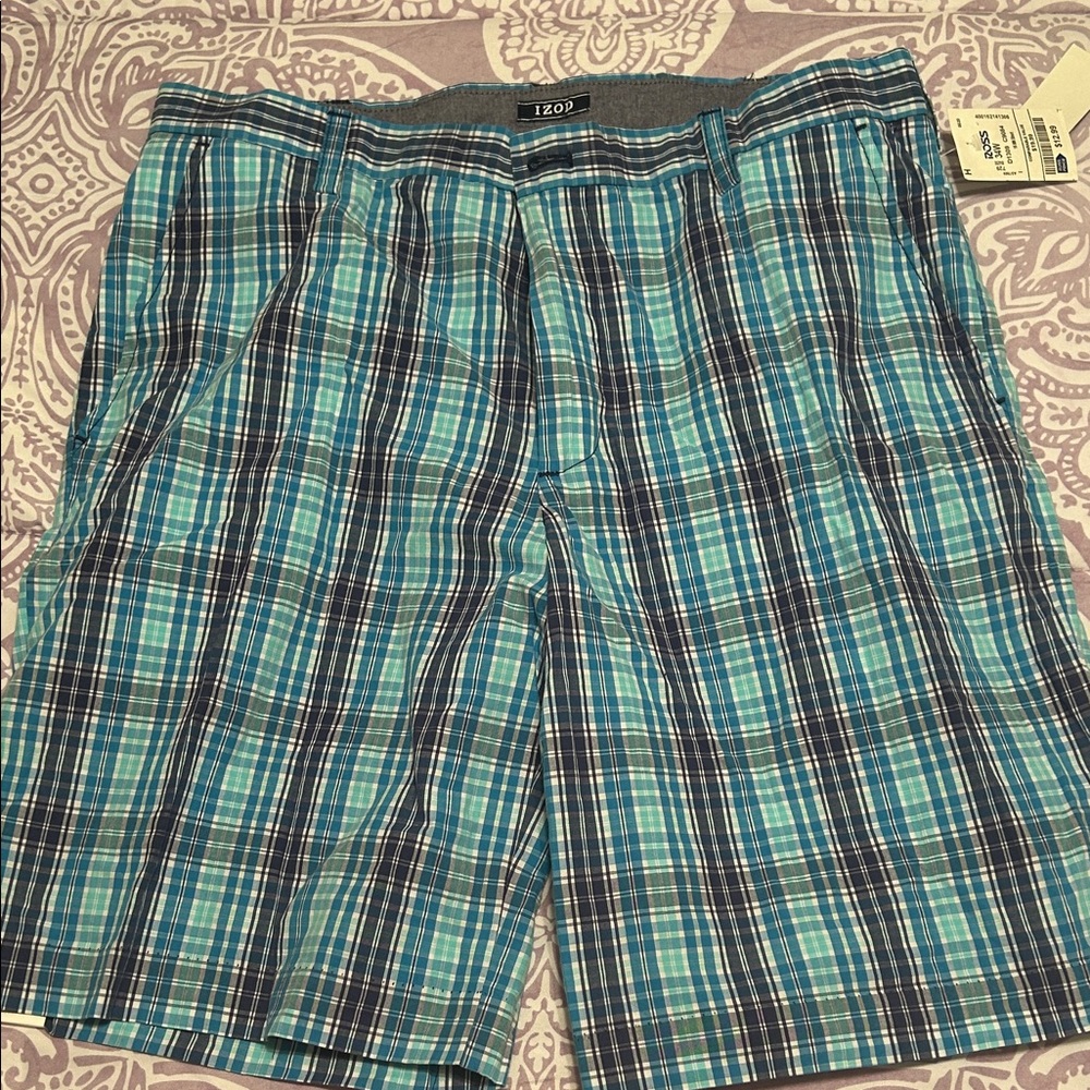 Izod Men's Teal and Navy Plaid Shorts Sz 34 NWT